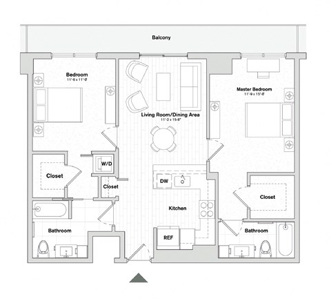 Floor plan for 2 beds, 2 baths, 1060 sqft